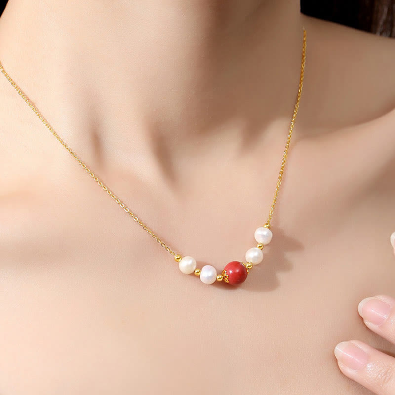 925 Sterling Silver Pearl & Cinnabar Healing Bead Necklace