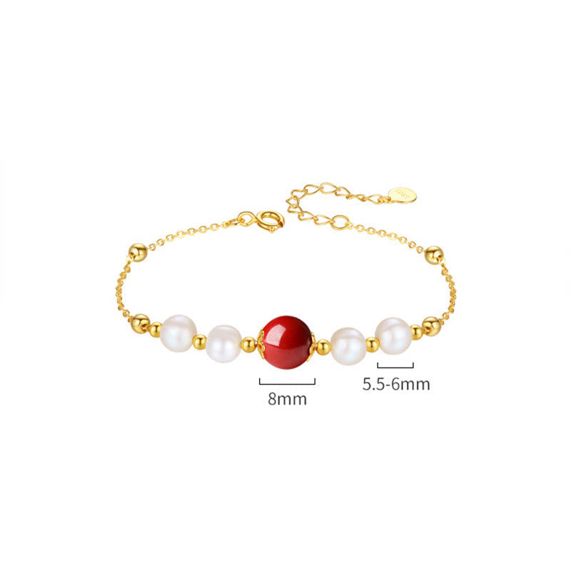 925 Sterling Silver Pearl & Cinnabar Healing Bracelet 14cm-18cm