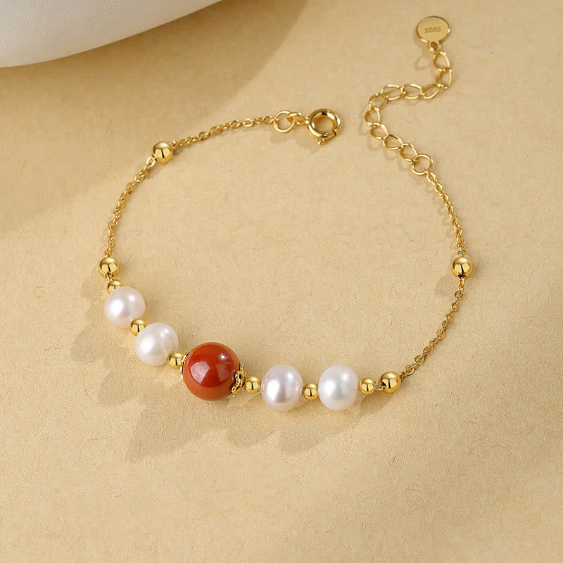 925 Sterling Silver Pearl & Cinnabar Healing Bracelet 14cm-18cm
