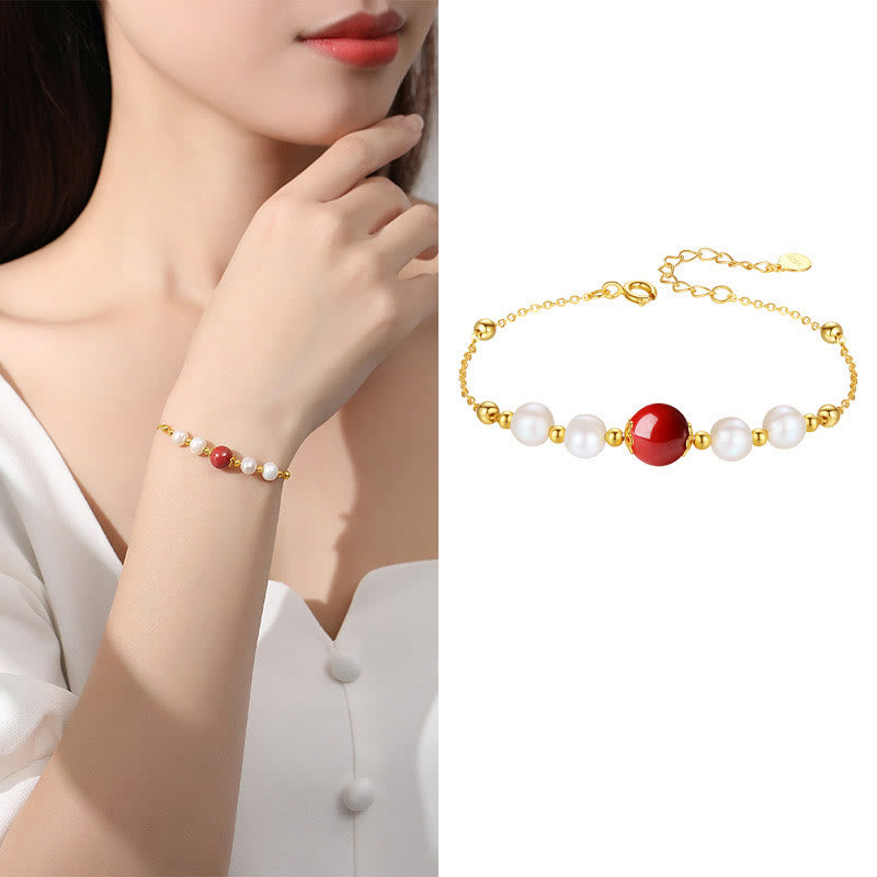 925 Sterling Silver Pearl & Cinnabar Healing Bracelet 14cm-18cm