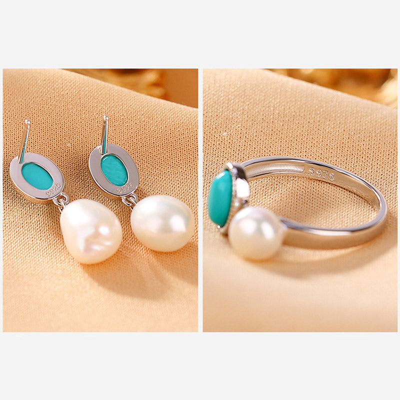 925 Sterling Silver Pearl Turquoise Healing Wisdom Jewelry Set