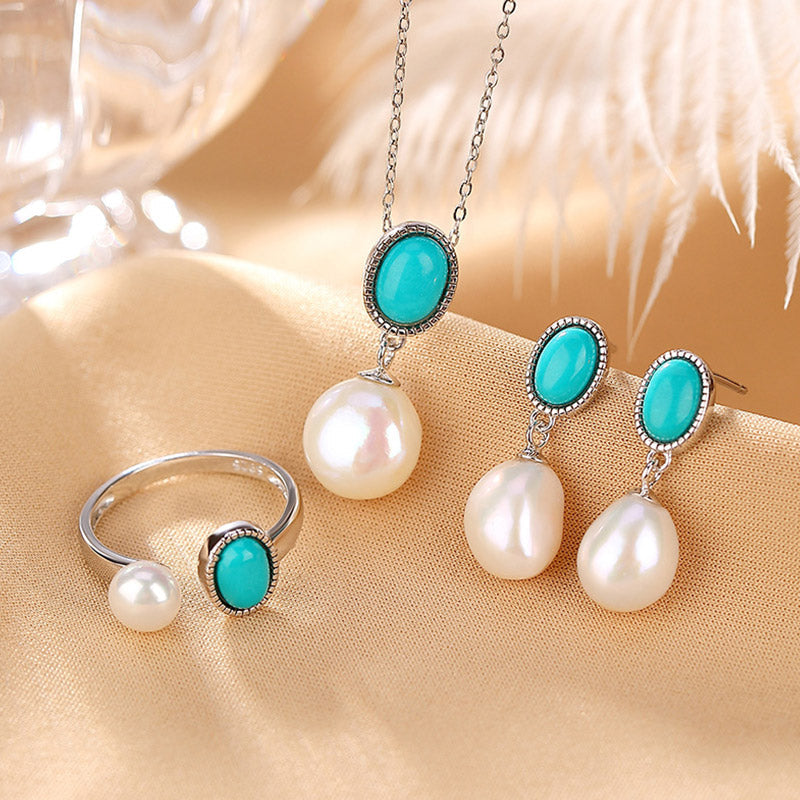 925 Sterling Silver Pearl Turquoise Healing Wisdom Jewelry Set