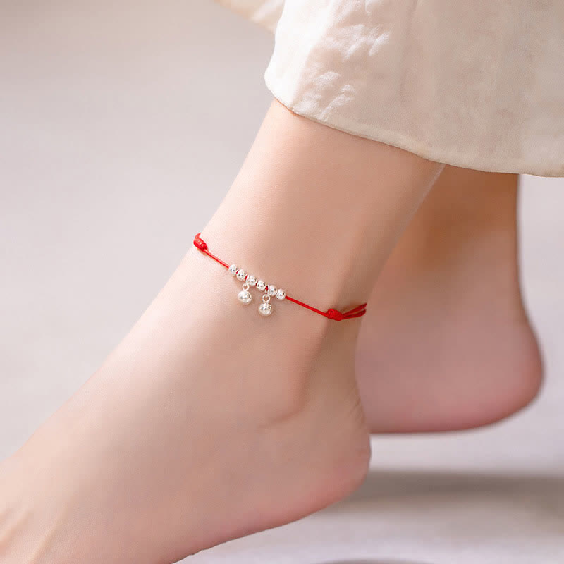925 Sterling Silver Red String Bell Charm Spiritual Anklet