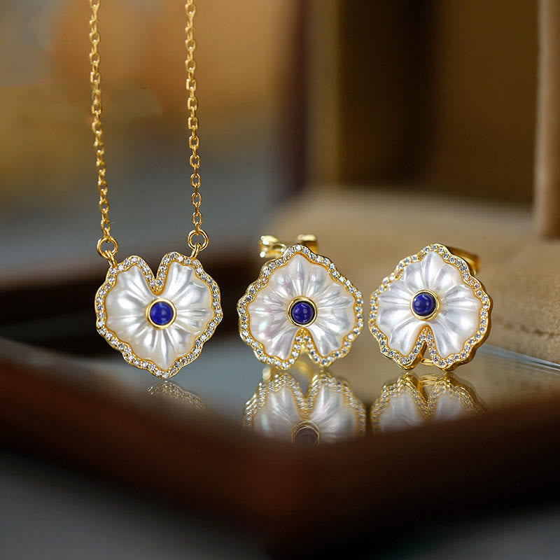 925 Sterling Silver Spiritual Necklace Set with Tridacna Red Agate Lazurite