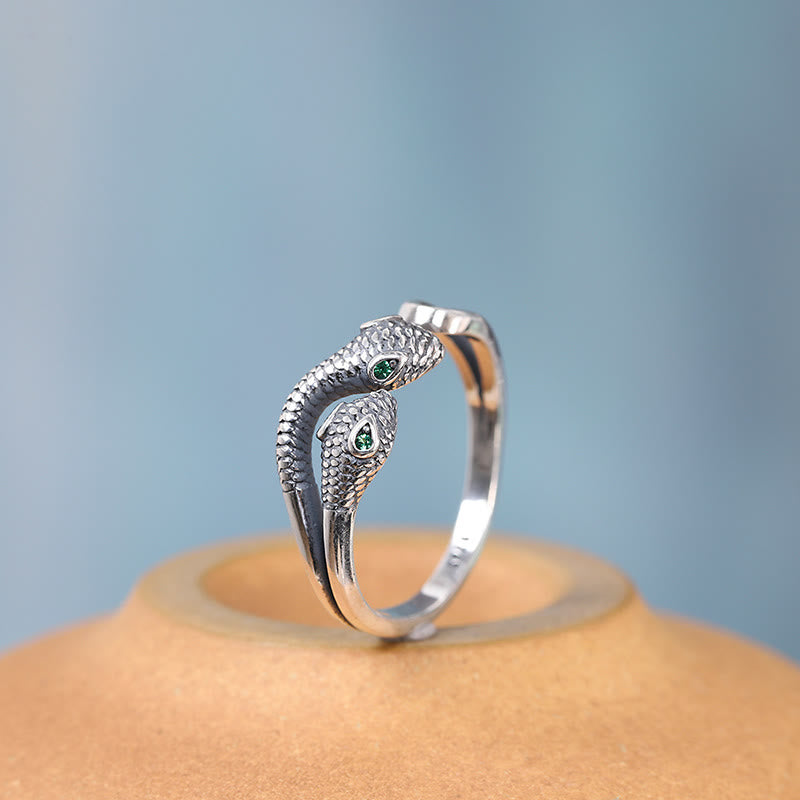 925 Sterling Silver Two-headed Snake Wisdom Adjustable Ring