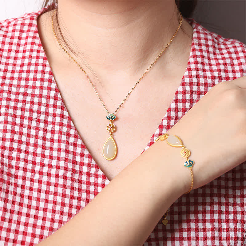 925 Sterling Silver White Jade Water Drop Bracelet Necklace