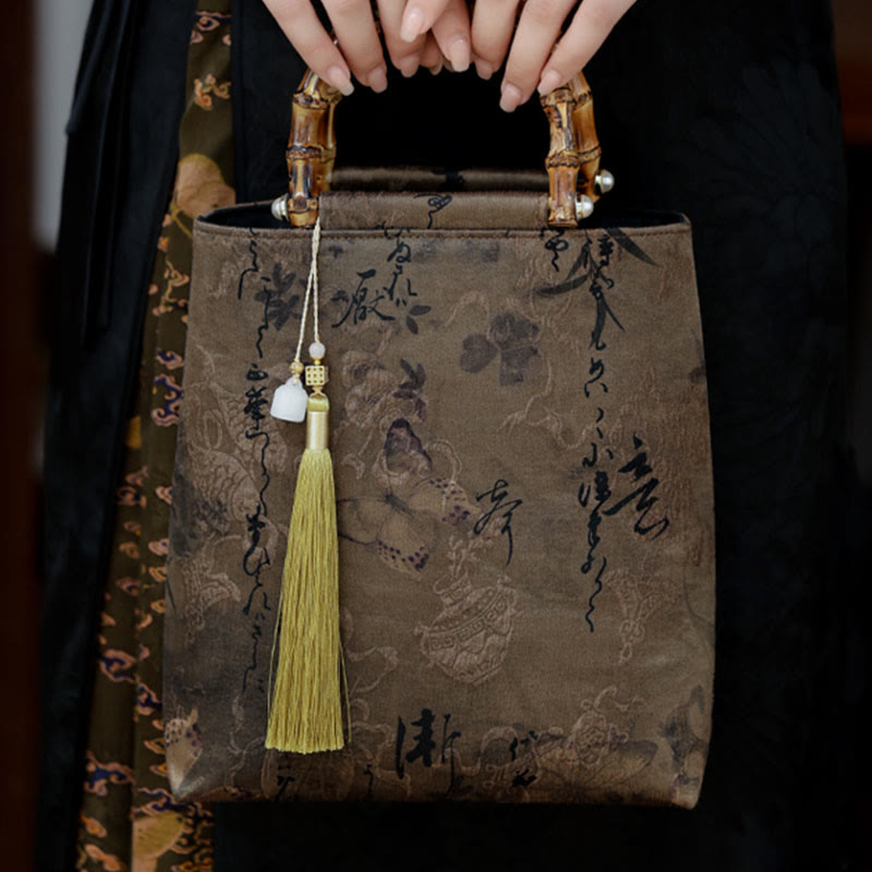 Bamboo Leaves Butterfly Koi Fish Handbag with Jade Handles