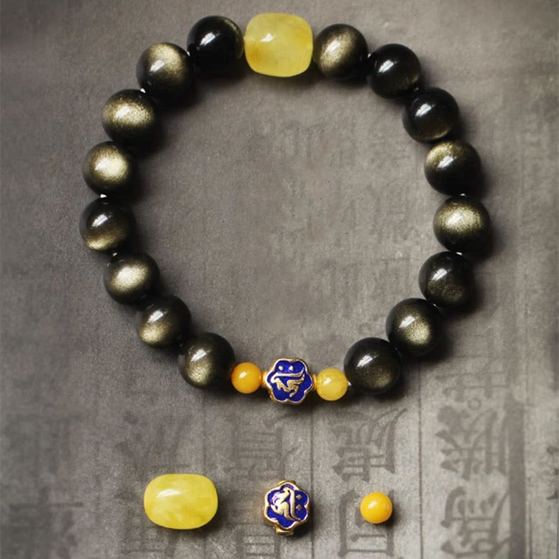 10mm Gold Sheen Obsidian Chinese Zodiac Protection Bracelet