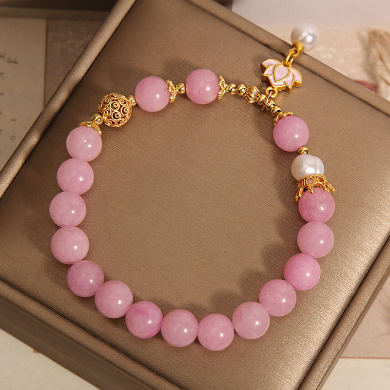 8mm Authentic Pink Jade Pearl Lotus Charm Bracelet