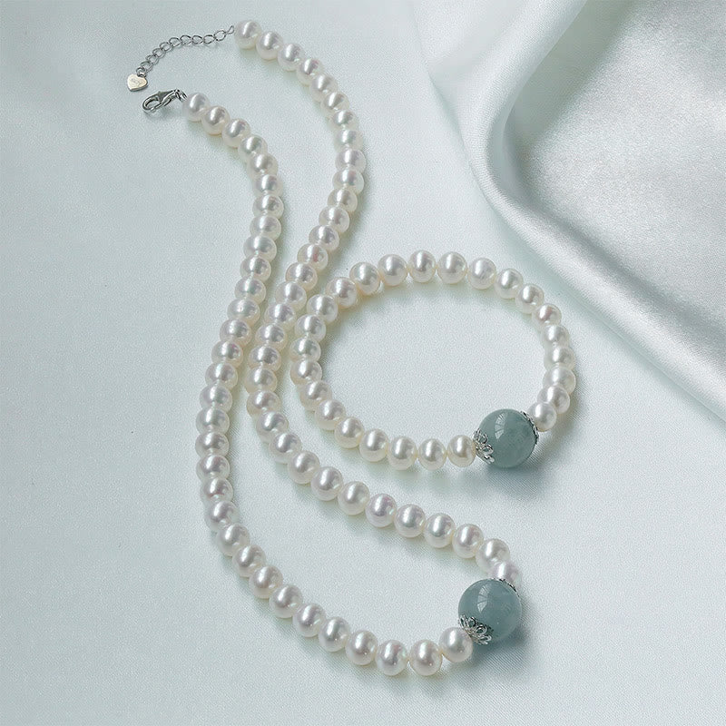 Pearl Hetian Jade & Aquamarine 42cm Necklace Bracelet