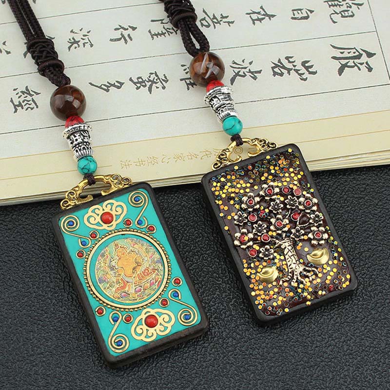 Ebony Spiritual Necklace with Wealth Gods & Golden Phoenix