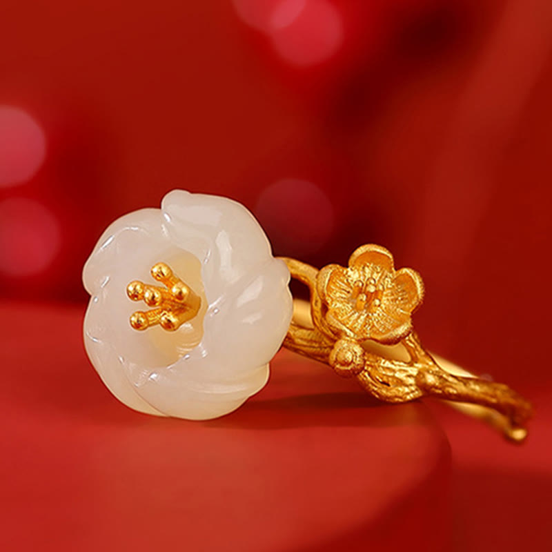 Hetian Jade Plum Blossom Luck Necklace Bracelet Ring Set