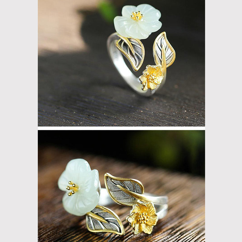 Unisex White Jade Luck Ring with 925 Silver Plated Copper Plum Flower