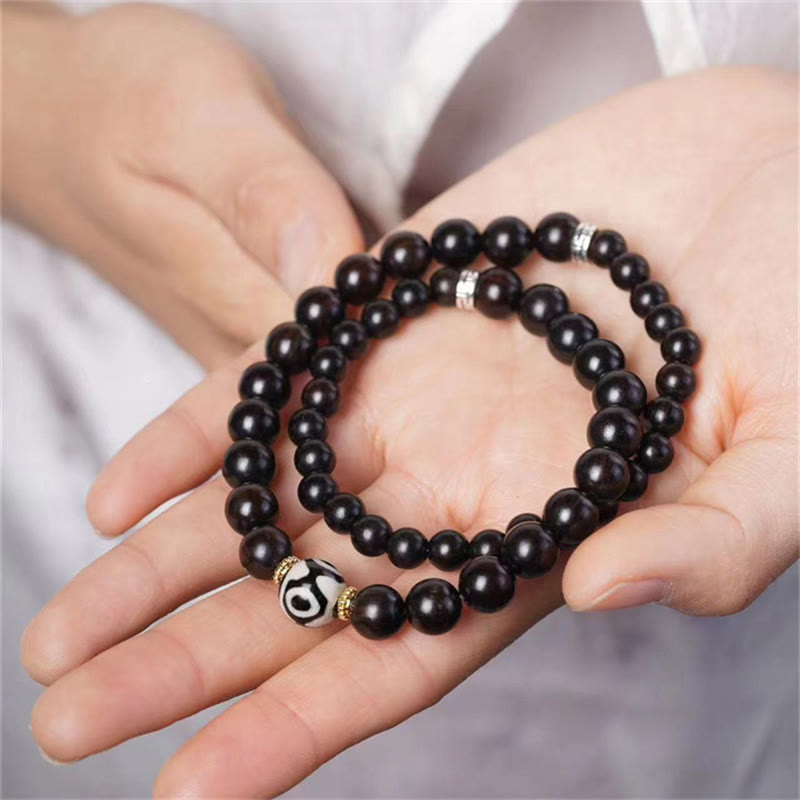 Ebony Wood Dzi Bead Double Wrap Bracelet for Balance