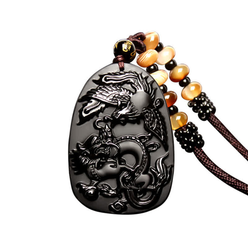Black Obsidian Dragon Necklace with Tiger Eye Pendant for Protection