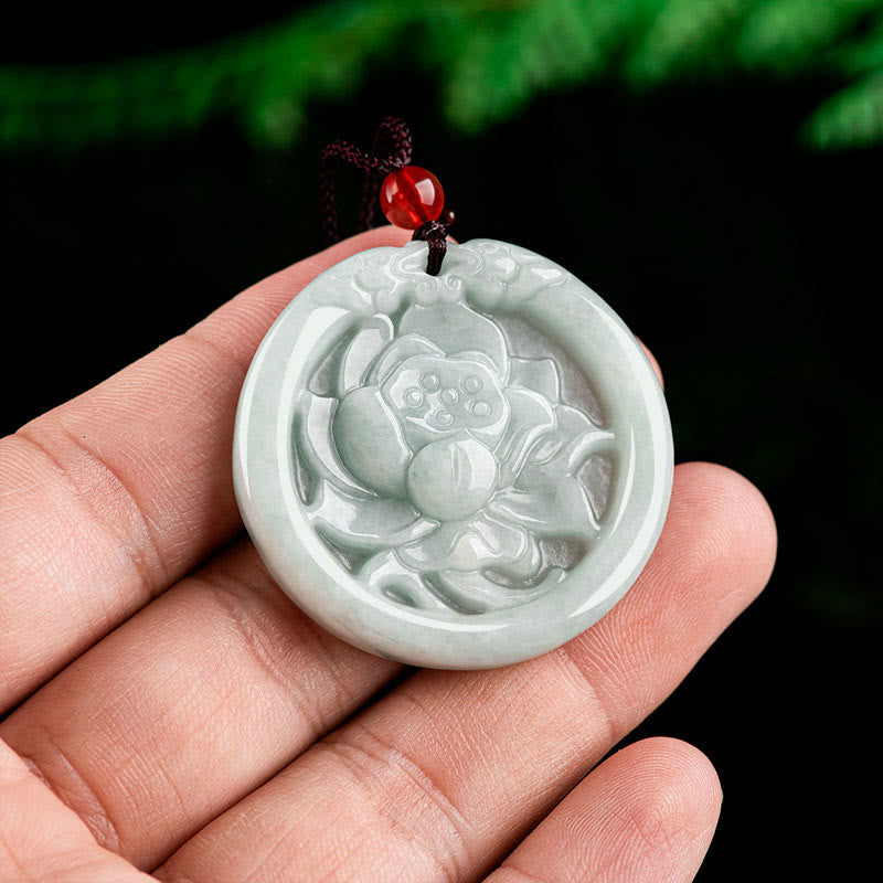 Natural Jade Lotus Flower Carved Prosperity Necklace