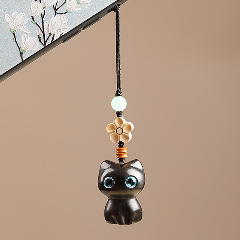 Ebony Wood Lucky Cat Key Chain for Spiritual Peace & Balance