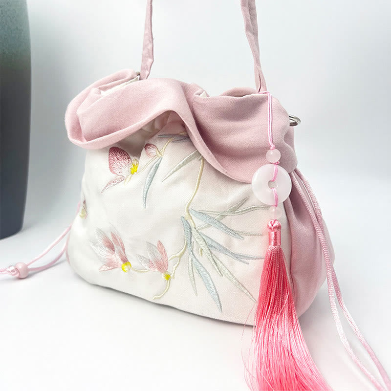 Silk Tote Bag | Embroidered Floral Yoga Carrier 20cm