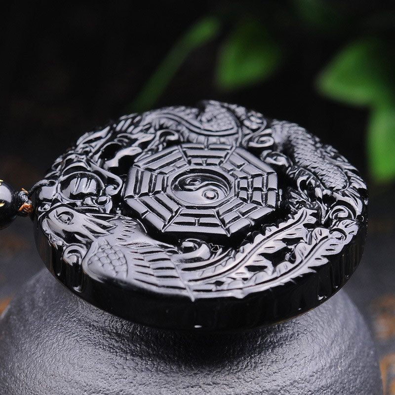 Obsidian Bagua Dragon Phoenix Fulfilment Pendant Necklace