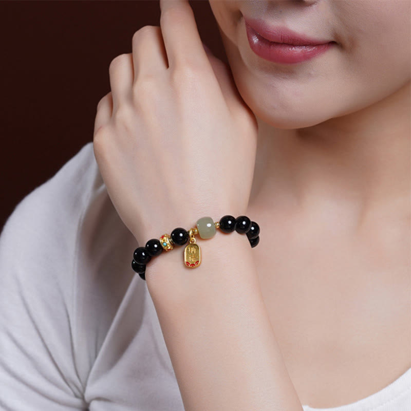 Black Onyx & Hetian Jade Lucky Fortune 8mm Bracelet