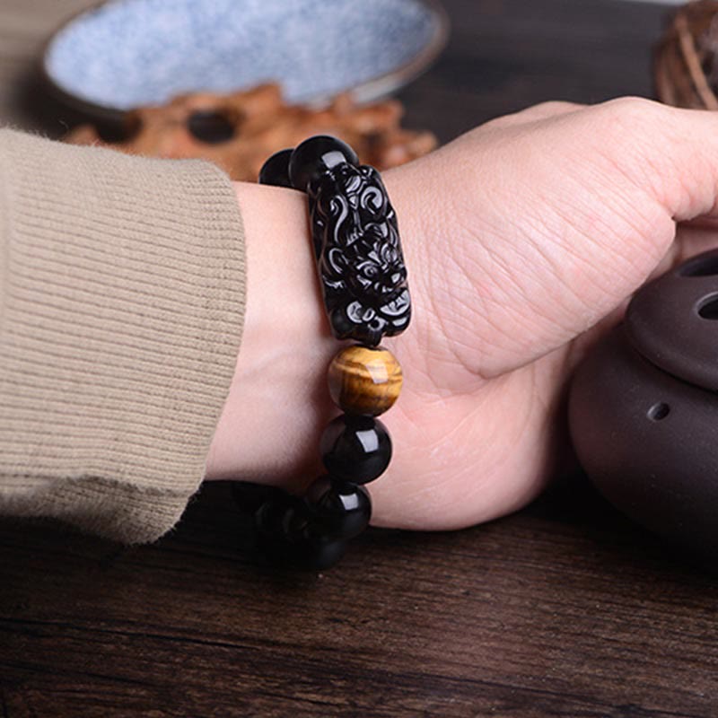 Natural Black Obsidian PiXiu Bracelet 14mm for Strength