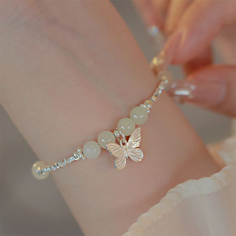 6mm Hetian Jade Luck Butterfly Sterling Silver Bracelet