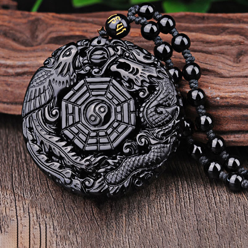 Obsidian Bagua Dragon Phoenix Fulfilment Pendant Necklace