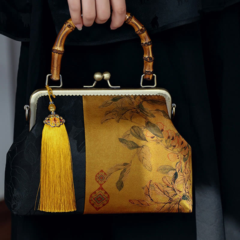 Nature-Inspired Bamboo Handle Bag with Leaves and Bird Design