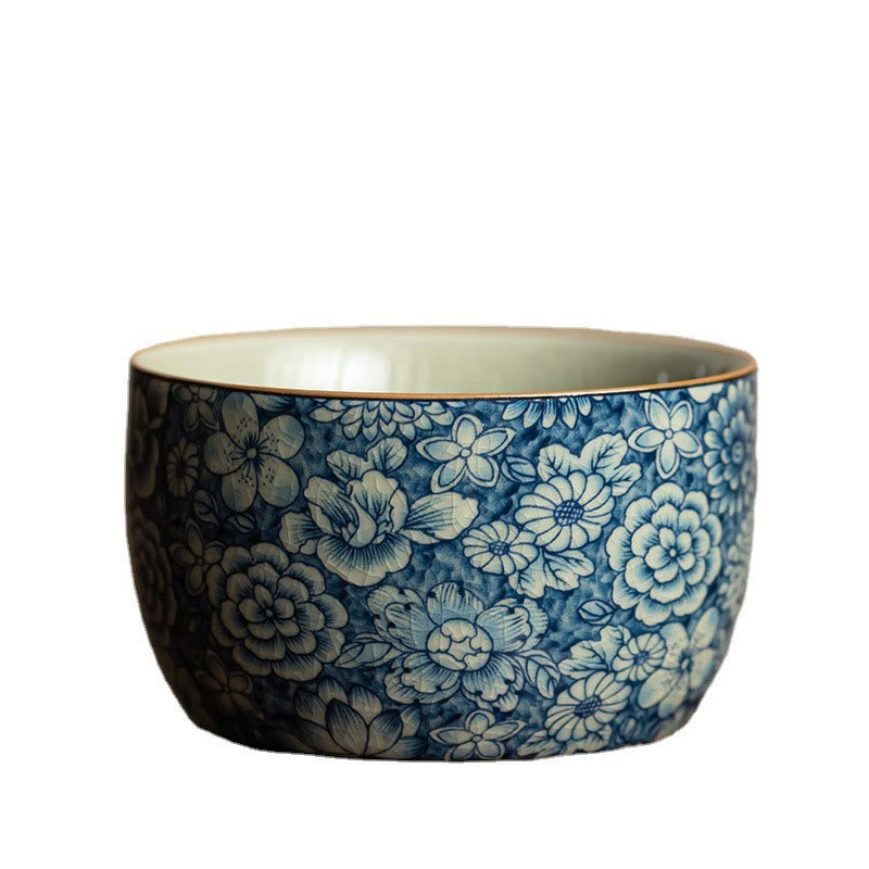 Ceramic Zen Tea Cup with Blue Lotus & Chrysanthemum Design 95ml