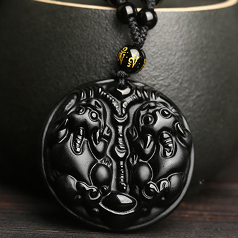 Black Obsidian Pixiu Pendant Necklace for Wealth & Protection