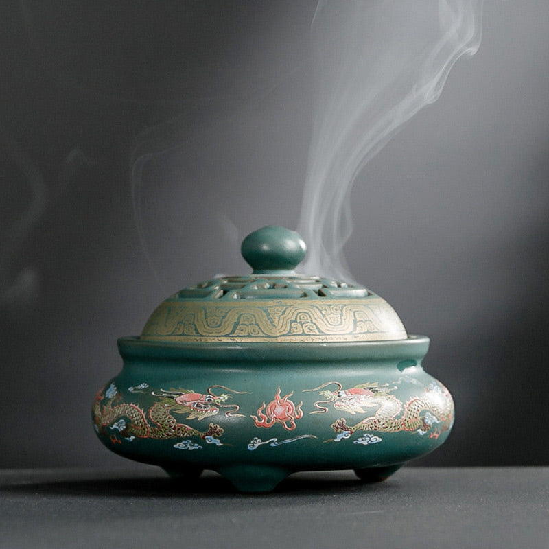 Ceramic Zen Incense Burner with Dragon or Floral Design 11.7cm