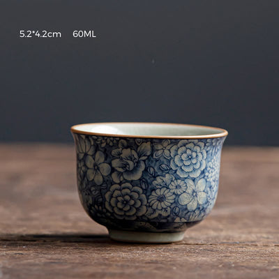 Ceramic Zen Tea Cup with Blue Lotus & Chrysanthemum Design 95ml