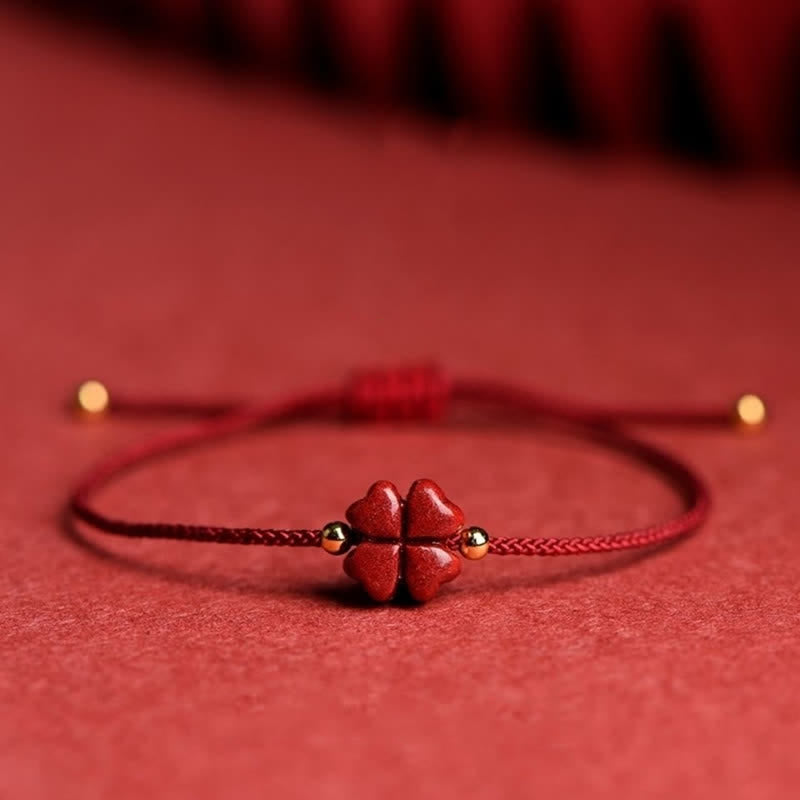 Natural Cinnabar Red String Bracelet with Four Leaf Clover Blessing