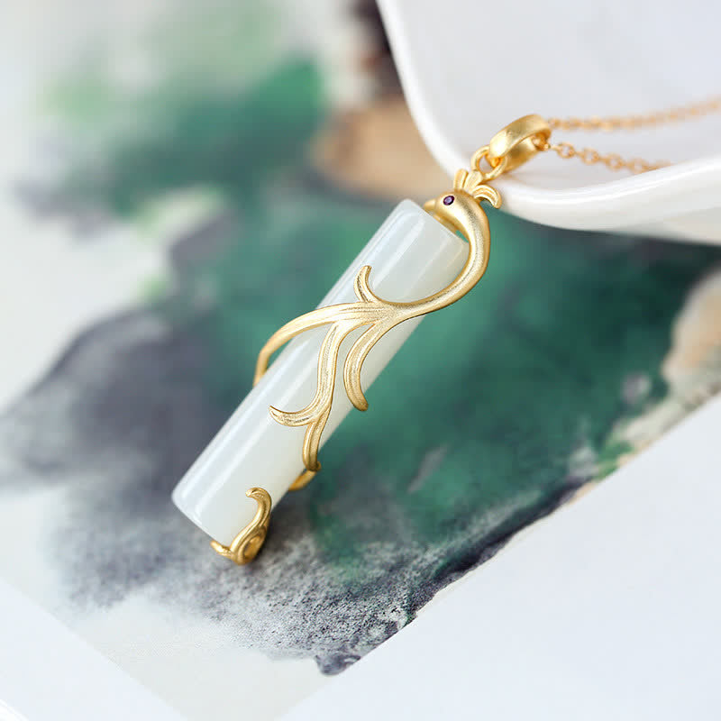 White Jade Copper Dragon Pendant Necklace for Protection