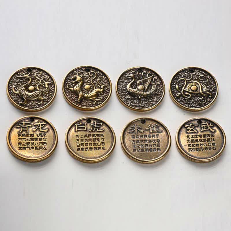 Copper Four Symbols Keychain with Azure Dragon & Mythical Creatures