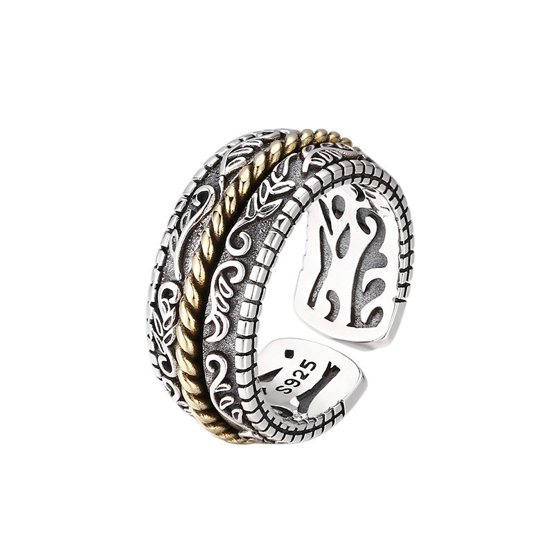 925 Sterling Silver Tang Dynasty Flower Design Luck Adjustable Ring