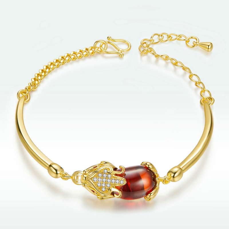Golden Red Agate Pixiu Bracelet 7.5in Wealth & Luck