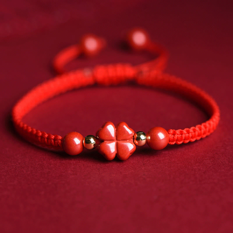 Cinnabar Bracelet with Red String | Four Leaf Clover Blessing