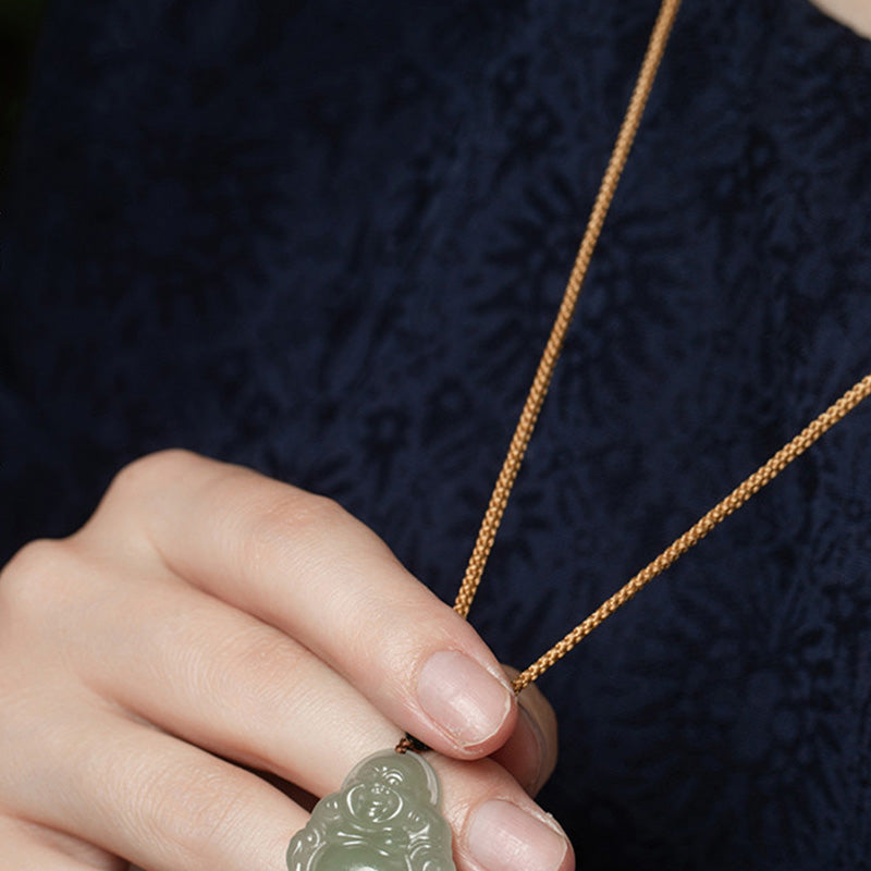 Laughing Buddha Jade Lotus Prosperity String Necklace