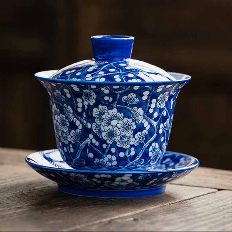 Plum Blossom Blue & White Porcelain Ceramic Gaiwan 185ml Tea Cup