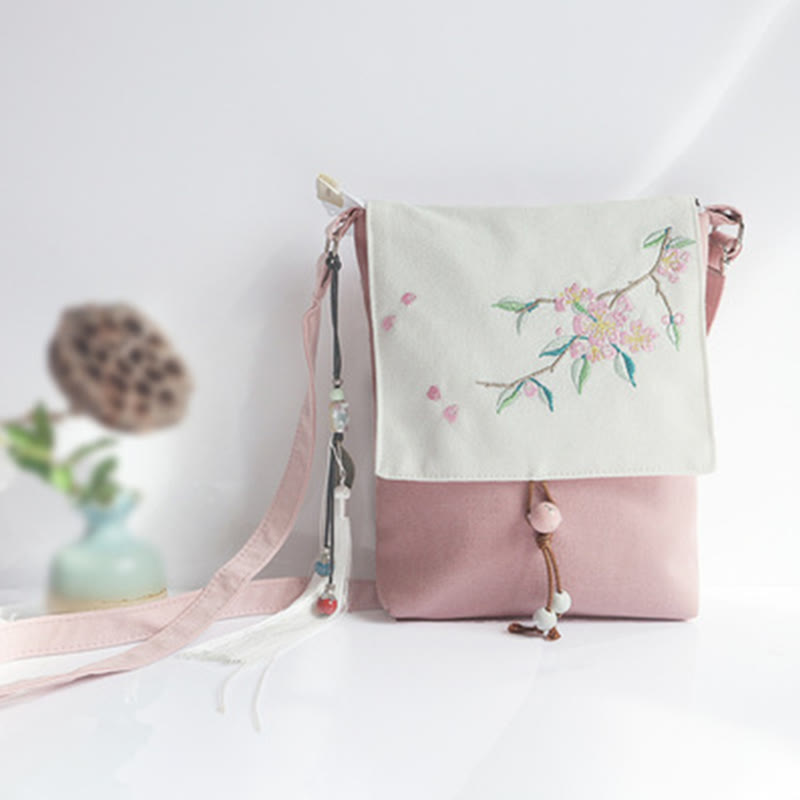 Handmade Canvas Crossbody Bag with Plum Flowers 20x23cm