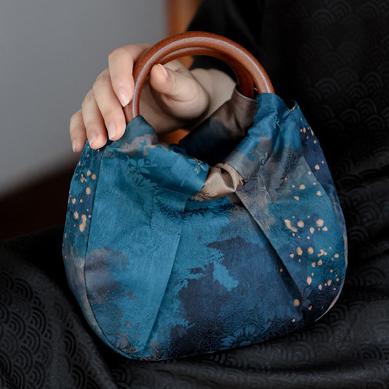 Blue Handmade Jacquard Flower Wooden Handle Bag 23cm