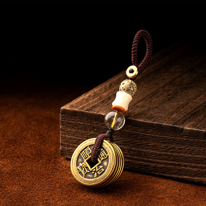 Feng Shui Five Emperor Coins Keychain for Wealth & Protection