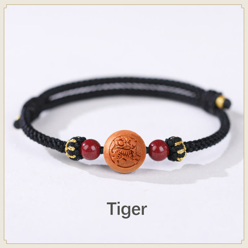 Natural Peach Wood Chinese Zodiac Fu Cinnabar Wealth Bracelet
