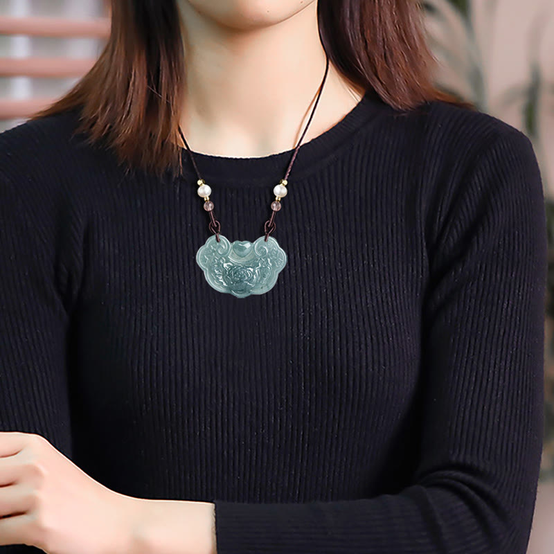 Natural Jade Peony Flower Prosperity Necklace Pendant 32.5mm