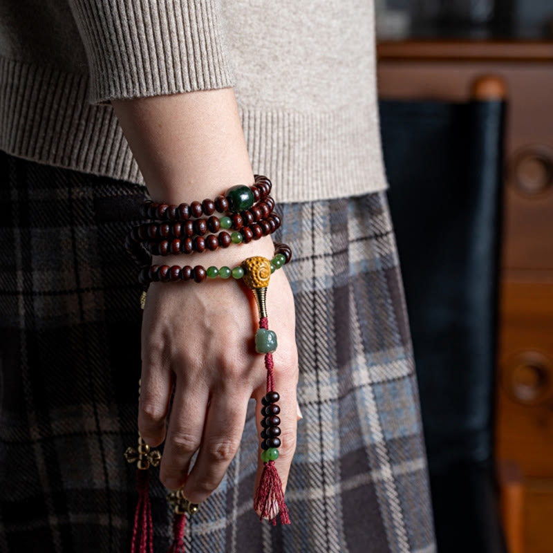 108 Beads Bodhi Seed Mala Bracelet with Hetian Cyan Jade Protection