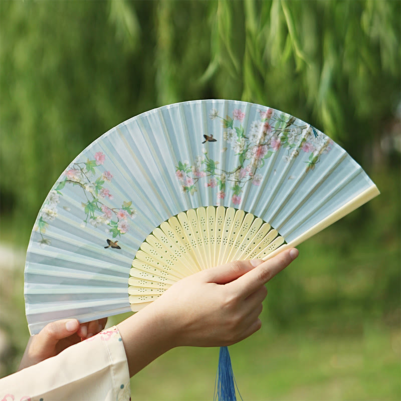 Classic Birds Singing Flowers Bamboo Folding Fan