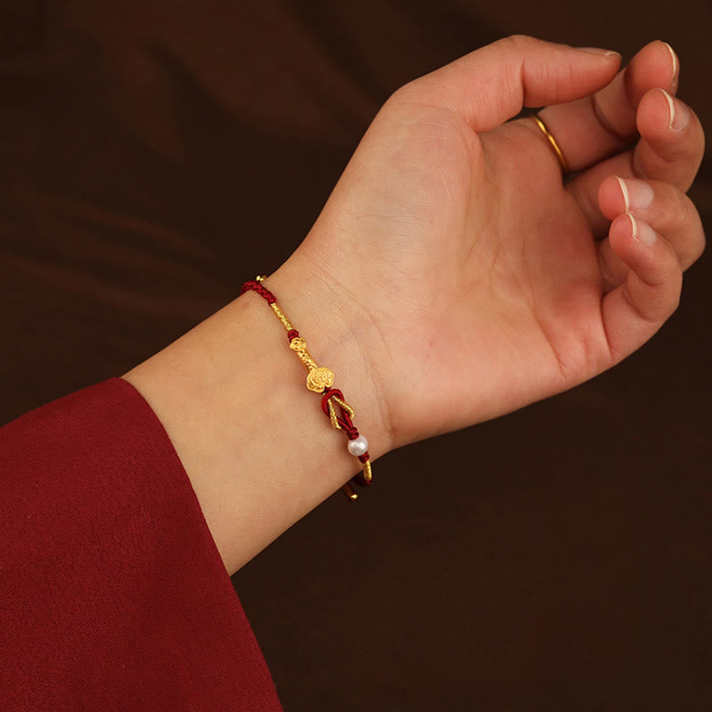 24K Gold Red String Wish Ruyi Fu Bracelet for Luck