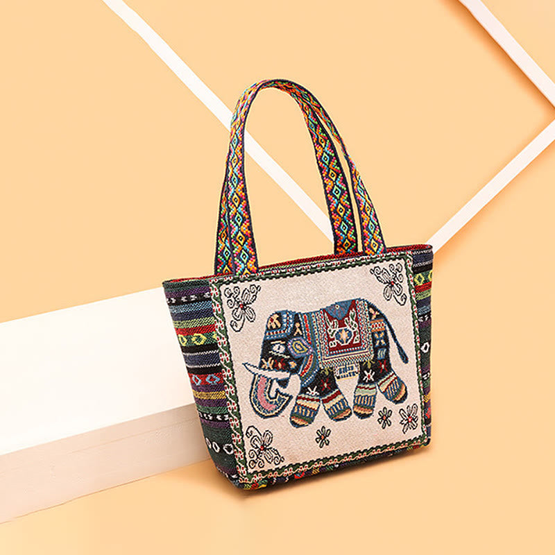 Large Canvas Tote Bag with Elephant Butterfly Embroidery - Spiritual Charm