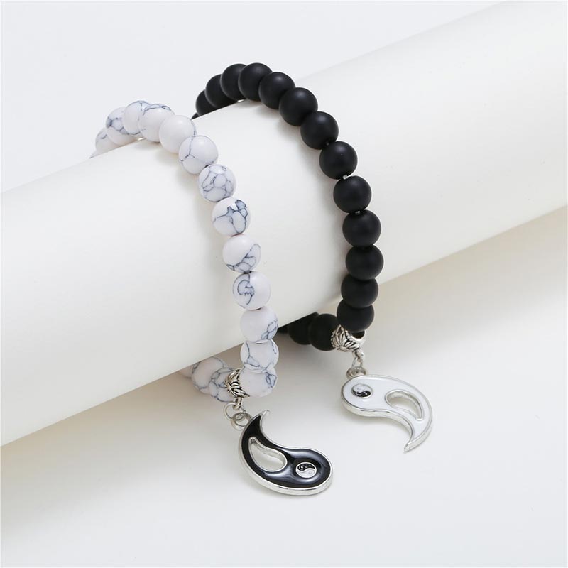 Unisex Yin Yang Bracelet Set with Black Onyx and White Turquoise Beads